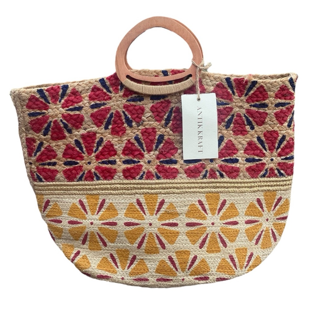 NWT Antik Kraft Jute Floral Tote Bag